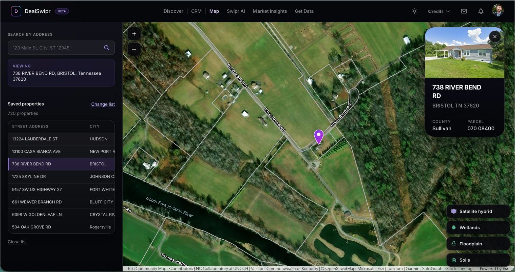 DealSwipr map with satellite hybrid view, saved properties list, property card, and wetlands floodplain soils layer toggles